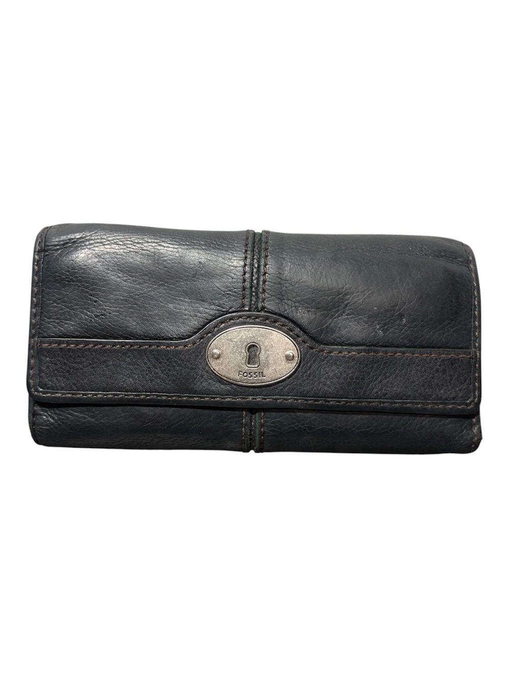 FOSSIL Vintage Dark Gray Leather Clutch Wallet with Metal Keyhole Logo